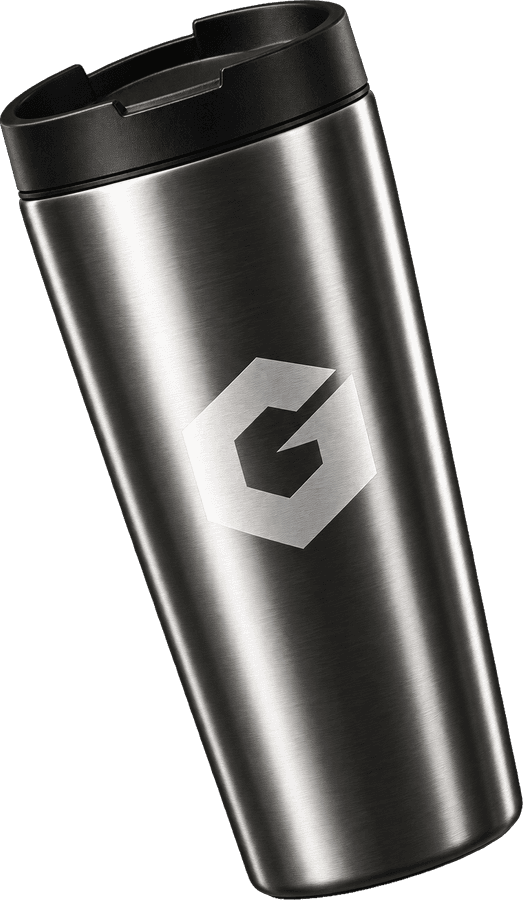 Copo térmico de inox escovado com o hexágono da GRAVA.AI gravado a laser